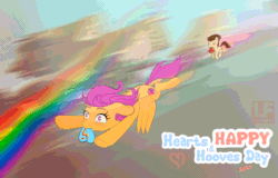 Size: 1473x940 | Tagged: safe, artist:redheadfly, imported from derpibooru, pound cake, scootaloo, pegasus, pony, animated, duo, female, flying, gif, heart, heart eyes, hearts and hooves day, holiday, male, older, scootaloo can fly, scootapound, shipping, straight, valentine's day
