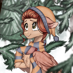 Size: 1000x1000 | Tagged: safe, artist:silverfir, imported from derpibooru, oc, oc only, pegasus, pony, clothes, forest, scarf, smiling, snow, socks, solo, striped socks, winter, winter outfit