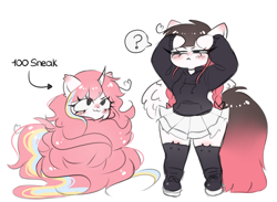 Size: 4525x3305 | Tagged: safe, artist:arwencuack, imported from derpibooru, oc, oc only, oc:arwencuack, oc:nekonin, alicorn, anthro, pegasus, :3, blushing, cat socks, clothes, covering, duo, fluffy, hiding, hoodie, huge tail, miniskirt, question mark, searching, shoes, simple background, sketch, sketch dump, skirt, sneak 100, tail, white background