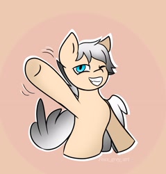Size: 1938x2025 | Tagged: safe, artist:foxx_grey_art, imported from derpibooru, oc, oc only, oc:colin grey, pegasus, pony, bust, one eye closed, pegasus oc, simple background, smiling, waving, waving at you, wings