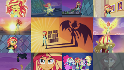 Size: 1280x721 | Tagged: safe, editor:quoterific, imported from derpibooru, applejack, fluttershy, pinkie pie, rainbow dash, rarity, sunset shimmer, twilight sparkle, demon, human, equestria girls, my past is not today, song, sunset satan