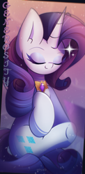 Size: 1055x2160 | Tagged: safe, artist:miryelis, imported from derpibooru, part of a set, rarity, pony, unicorn, big ears, element of generosity, flying, full body, gem, gradient background, horn, impossibly large ears, long hair, makeup, smiling, solo, text