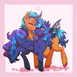 Size: 1915x1924 | Tagged: safe, artist:fukudka, imported from derpibooru, oc, oc:mechanical pencil, oc:sapphire spark, alicorn, changeling, pony, alicorn oc, black sclera, blue eyes, changeling horn, changeling oc, changeling wings, fangs, female, fetlock tuft, horn, male, nuzzling, one eye closed, one eye open, pegasus wings, red eyes, straight, wings