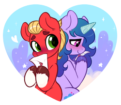 Size: 1128x981 | Tagged: safe, artist:malarkey, artist:oofycolorful, imported from derpibooru, izzy moonbow, sprout cloverleaf, earth pony, pony, unicorn, base used, blushing, cute, duo, envelope, female, g5, heart, heart eyes, holiday, izzysprout, male, mare, shipping, simple background, sproutbetes, stallion, straight, transparent background, valentine's day, wingding eyes