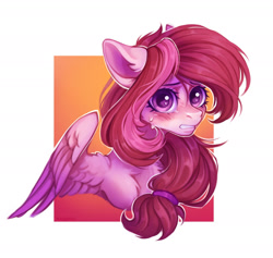 Size: 1973x1867 | Tagged: safe, artist:rozmed, imported from derpibooru, oc, pegasus, pony, big eyes, blushing, bust, colored background, commission, crying, female, floppy ears, gritted teeth, hair tie, long mane, pegasus oc, pegasus wings, solo, teeth, wide eyes, wings