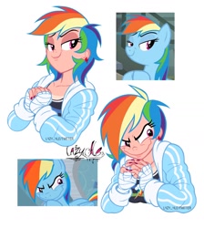 Size: 1434x1602 | Tagged: safe, artist:lazy-ale, imported from derpibooru, screencap, rainbow dash, human, pegasus, pony, daring don't, tanks for the memories, bandage, clothes, cutie mark on clothes, ear piercing, earring, faic, female, hoodie, humanized, jewelry, light skin, piercing, rainbow dash is best facemaker, rainbow grinch, scene interpretation, screencap reference, simple background, smug, white background