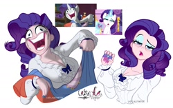 Size: 1755x1100 | Tagged: safe, artist:lazy-ale, imported from derpibooru, screencap, rarity, human, pony, unicorn, do princesses dream of magic sheep, fame and misfortune, breasts, busty rarity, cleavage, crying, eyeshadow, faic, female, grin, humanized, light skin, lipstick, makeup, nail polish, running makeup, scene interpretation, screencap reference, simple background, smiling, white background, why i'm creating a gown darling