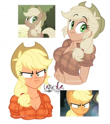 Size: 1446x1632 | Tagged: safe, artist:lazy-ale, imported from derpibooru, screencap, applejack, earth pony, human, pony, dragon dropped, the return of harmony, applejack's hat, breasts, cleavage, cowboy hat, discorded applejack, faic, female, hat, humanized, liar face, liarjack, light skin, midriff, muscles, scene interpretation, screencap reference, scrunchy face, simple background, white background