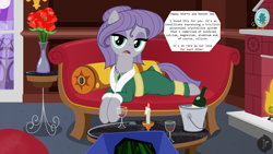 Size: 1920x1080 | Tagged: safe, artist:facelessjr, imported from derpibooru, maud pie, earth pony, pony, alcohol, alternate hairstyle, balcony, body pillow, bottle, boulder (g4), bucket, candle, clothes, coffee table, couch, dialogue, ear piercing, earring, eyeshadow, female, fire, fireplace, flower, gem, gemstones, glass, ice, jewelry, lidded eyes, makeup, mare, moon, necklace, night, night sky, ocean, offscreen character, pet rock, piercing, plate, pov, robe, rose, sky, vase, water, wine, wine bottle, wine glass