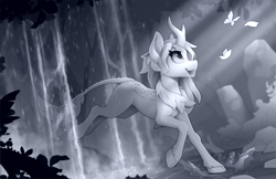 Size: 2500x1620 | Tagged: safe, artist:yakovlev-vad, imported from derpibooru, oc, oc only, butterfly, kirin, cloven hooves, grayscale, kirin oc, leonine tail, monochrome, open mouth, open smile, patreon, patreon reward, scenery, smiling, solo, tail, water, waterfall