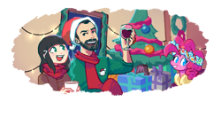 Size: 1920x1080 | Tagged: safe, artist:moralem, imported from derpibooru, pinkie pie, spirit of hearth's warming presents, human, a hearth's warming tail, christmas, christmas tree, dia kurosawa, facial hair, glass, holiday, jacksfilms, love live!, love live! sunshine!!, present, siivagunner, simple background, the inevitable holiday album, transparent background, tree, wine glass