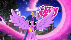 Size: 1253x707 | Tagged: safe, imported from derpibooru, twilight sparkle, alicorn, magical mystery cure, season 3, 10, 2013, amazed, anniversary, beautiful, big crown thingy, celebration, commercial, crown, crystal princess celebration, element of magic, excited, gif, happy, hoof shoes, jewelry, let's fly to the castle, looking at you, magical, magical mystery cure tenth anniversary, my little pony logo, my wings are so pretty, necklace, non-animated gif, princess shoes, regalia, smiling, smiling at you, spread wings, twilight sparkle (alicorn), wings