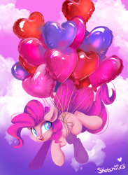 Size: 909x1244 | Tagged: safe, artist:sketchiix3, imported from derpibooru, pinkie pie, earth pony, pony, balloon, cloud, colored pupils, cute, diapinkes, female, floating, happy, heart, heart balloon, mare, open mouth, open smile, smiling, solo, then watch her balloons lift her up to the sky