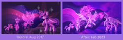Size: 4000x1330 | Tagged: safe, artist:shad0w-galaxy, imported from derpibooru, twilight sparkle, alicorn, pony, unicorn, the last problem, age progression, before and after, book, chest fluff, comparison, draw this again, ear fluff, ethereal mane, female, fluffy, force field, high res, hooves, magic, mare, multeity, older, older twilight, princess twilight 2.0, redraw, reflection, solo, starry mane, twilight sparkle (alicorn), unicorn twilight, unshorn fetlocks, watermark