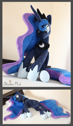 Size: 886x1535 | Tagged: safe, artist:shunnkai, imported from derpibooru, princess luna, alicorn, pony, irl, jewelry, lying down, on side, photo, plushie, regalia, sitting, solo