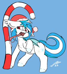 Size: 1322x1465 | Tagged: safe, artist:sleepy ray, imported from derpibooru, oc, oc only, oc:snow, bat pony, pony, bat pony oc, bat wings, belly button, blue background, candy, candy cane, chest fluff, christmas, drool, drool string, eyelashes, eyeliner, fangs, female, floppy ears, food, hat, holiday, long tongue, makeup, raised hoof, red eyes, santa hat, scared, simple background, slit pupils, solo, stuck, tail, tongue out, two toned mane, two toned tail, wide eyes, wings