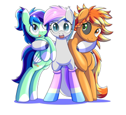 Size: 2000x1833 | Tagged: safe, artist:trackheadtherobopony, imported from derpibooru, oc, bat pony, cyborg, cyborg pony, pegasus, pony, bipedal, clothes, female, group hug, hug, mare, simple background, socks, striped socks, transparent background, trio, trio female