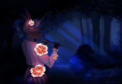 Size: 2600x1800 | Tagged: safe, alternate version, artist:anastas, imported from derpibooru, oc, oc only, oc:angerona, anthro, unicorn, anthro oc, clothes, commission, feather, flower, flower in hair, flute, forest, glowing, glowing flowers, moonlight, musical instrument, night, oda 997, tree