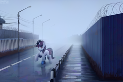 Size: 2560x1707 | Tagged: safe, artist:adagiostring, imported from derpibooru, oc, oc only, oc:blackjack, pony, unicorn, fallout equestria, fallout equestria: project horizons, barbed wire, crossover, cute, fanart, fanfic art, female, fog, mare, solo, study, walking