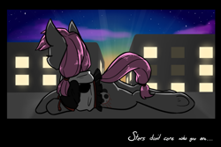 Size: 1280x853 | Tagged: safe, artist:sinclair2013, imported from derpibooru, oc, oc only, earth pony, pony, butt, city, eyes closed, night, plot, solo