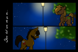 Size: 1280x853 | Tagged: safe, artist:sinclair2013, imported from derpibooru, oc, oc only, oc:cutter, oc:heartree, earth pony, pony, duo, female, lamppost, male, mare, night, nudity, sheath, stallion