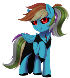 Size: 3600x4000 | Tagged: safe, artist:thebatfang, edit, imported from derpibooru, rainbow dash, oc, oc only, oc:rainbow_dash.exe, pegasus, pony, .exe, alternate hairstyle, black dress, black sclera, black shoes, clothes, cute, dress, fanart, female, glowing, glowing eyes, looking at you, mare, png, ponytail, rainbow.exe, red eyes, shoes, simple background, smiling, solo, transparent background