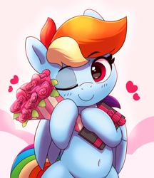 Size: 1036x1200 | Tagged: safe, artist:pabbley, imported from derpibooru, rainbow dash, pegasus, pony, abstract background, belly, belly button, bipedal, bouquet, cute, dashabetes, female, floating heart, flower, heart, holiday, looking at you, mare, one eye closed, smiling, smiling at you, solo, valentine's day, wide hips