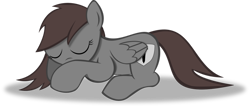 Size: 1364x586 | Tagged: dead source, safe, artist:theshadowstone, imported from derpibooru, oc, oc only, oc:shadowstone, pegasus, brown mane, brown tail, eyes closed, female, folded wings, lying, lying down, mare, pegasus oc, ponysona, prone, shadow, shield, simple background, sleeping, solo, tail, transparent background, vector, wings