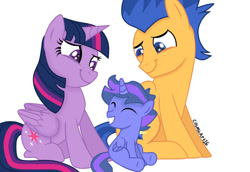 Size: 1079x741 | Tagged: safe, artist:cosmicart16, imported from derpibooru, flash sentry, twilight sparkle, oc, alicorn, pegasus, pony, colt, eyes closed, family, female, flashlight, foal, male, mare, offspring, parent:flash sentry, parent:twilight sparkle, parents:flashlight, shipping, simple background, sitting, smiling, stallion, straight, twilight sparkle (alicorn), white background