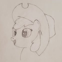 Size: 2066x2084 | Tagged: safe, artist:ceffyl-dŵr, imported from derpibooru, apple bloom, earth pony, pony, applejack's hat, cowboy hat, female, filly, foal, happy, hat, solo, traditional art