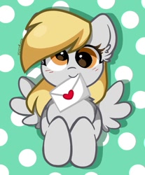 Size: 846x1022 | Tagged: safe, artist:kittyrosie, imported from derpibooru, derpy hooves, pegasus, pony, cute, daaaaaaaaaaaw, derpabetes, ear fluff, female, holiday, letter, mare, mouth hold, signature, solo, valentine's day