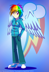 Size: 1672x2458 | Tagged: safe, artist:inuhoshi-to-darkpen, imported from derpibooru, rainbow dash, human, 2012, clothes, converse, gradient background, humanized, light skin, old art, shoes, solo, wings