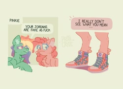 Size: 2048x1490 | Tagged: safe, artist:pastacrylic, imported from derpibooru, pinkie pie, rainbow dash, earth pony, pegasus, pony, amogus, among us, clothes, dialogue, duo, female, mare, meme, shoes, sneakers, speech bubble, sus (among us)