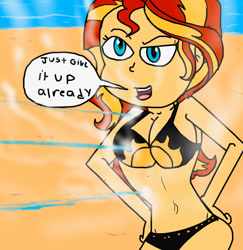 Size: 1024x1055 | Tagged: safe, artist:p250rhb2, imported from derpibooru, sunset shimmer, human, equestria girls, beach, belly button, bikini, breasts, cleavage, clothes, female, solo, speech bubble, swimsuit