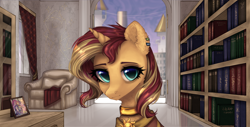 Size: 3940x2000 | Tagged: safe, artist:avrameow, imported from derpibooru, sunset shimmer, pony, unicorn, book, bookshelf, canterlot, chair, clasp, clothes, ear fluff, ear piercing, earring, female, jewelry, looking at you, mare, neck fluff, neck rings, older, picture frame, piercing, robes, skyscraper, solar empire, solo, window