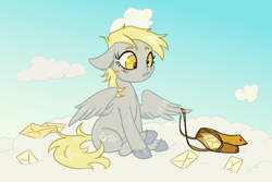 Size: 1920x1280 | Tagged: safe, artist:kovoranu, imported from derpibooru, derpy hooves, pegasus, pony, cloud, cute, derp, letter, mailmare, on a cloud, satchel, sitting, sitting on a cloud, solo