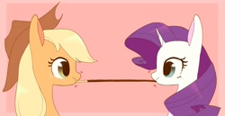 Size: 2048x1056 | Tagged: safe, artist:cheesesauce_45, imported from derpibooru, applejack, rarity, earth pony, pony, unicorn, bust, eating, female, food, lesbian, looking at each other, looking at someone, mare, pink background, pocky, pocky game, puffy cheeks, rarijack, shipping, simple background