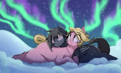 Size: 3100x1888 | Tagged: safe, artist:welost, imported from derpibooru, oc, oc only, oc:fenris ebonyglow, oc:kara waypoint, earth pony, pegasus, pony, aurora borealis, chubby, colored sketch, cuddling, duo, female, male, mare, snow, snowfall, stallion