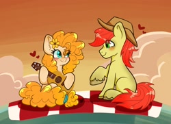 Size: 2048x1482 | Tagged: safe, artist:indigohatetrain, imported from derpibooru, bright mac, pear butter, earth pony, pony, blushing, female, guitar, male, mare, musical instrument, stallion