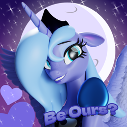 Size: 3840x3840 | Tagged: safe, artist:shreddy117, imported from derpibooru, princess luna, alicorn, pony, 3d, cute, explicit source, eyeshadow, female, freckles, hearts and hooves day, looking at you, lunabetes, makeup, s1 luna, solo, text