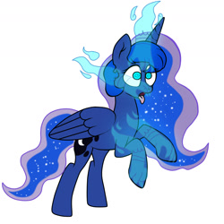 Size: 1800x1800 | Tagged: safe, artist:lebatoman, imported from twibooru, princess luna, alicorn, ghost, pony, undead, blank expression, blue coat, blue eyes, blue mane, blue tail, ethereal mane, ethereal tail, female, folded wings, ghost hands, horn, image, looking forward, mare, mind control, needs more jpeg, open mouth, puppet, raised hoof, raised hooves, simple background, solo, swirly eyes, tongue out, two toned mane, two toned tail, white background, wide eyes, wings