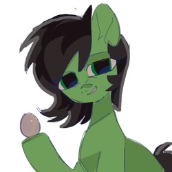 Size: 1024x1024 | Tagged: safe, artist:poneko-chan, oc, oc only, oc:filly anon, earth pony, pony, egg (food), female, filly, food, grin, hoof hold, looking at you, simple background, smiling, smug, solo, white background
