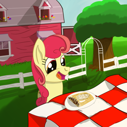 Size: 4000x4000 | Tagged: safe, artist:nonnyanon, apple bumpkin, apple strudel, apple family member, barn, drawthread, female, mare, tree