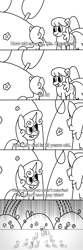 Size: 1500x4500 | Tagged: safe, artist:nonnyanon, cheerilee, sweetie belle, earth pony, pegasus, pony, unicorn, comic, dialogue, drawthread, ear fluff, female, filly, folded wings, horn, mare, monochrome, wings