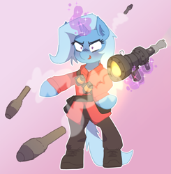 Size: 1781x1817 | Tagged: safe, artist:rellopone, imported from derpibooru, trixie, pony, unicorn, /mlp/ tf2 general, beggar's bazooka, bipedal, glowing, glowing horn, grenade, horn, magic, pinpoint eyes, rocket, rocket launcher, soldier, team fortress 2, telekinesis, weapon