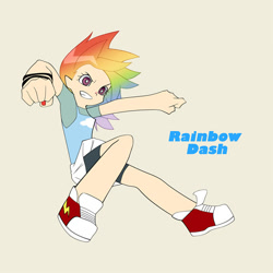 Size: 600x600 | Tagged: safe, artist:mirakurunaito, imported from derpibooru, part of a set, rainbow dash, human, beige background, converse, grin, humanized, light skin, panty and stocking with garterbelt, shoes, simple background, smiling, solo, style emulation