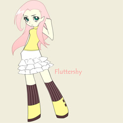 Size: 600x600 | Tagged: safe, artist:mirakurunaito, imported from derpibooru, part of a set, fluttershy, human, beige background, humanized, light skin, panty and stocking with garterbelt, simple background, solo, style emulation