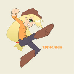 Size: 600x600 | Tagged: safe, artist:mirakurunaito, imported from derpibooru, part of a set, applejack, human, applejack's hat, beige background, cowboy hat, hat, humanized, light skin, panty and stocking with garterbelt, simple background, solo, style emulation