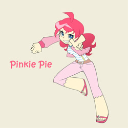 Size: 600x600 | Tagged: safe, artist:mirakurunaito, imported from derpibooru, part of a set, pinkie pie, human, beige background, humanized, light skin, panty and stocking with garterbelt, simple background, solo, style emulation