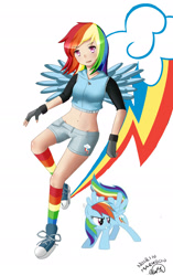 Size: 1868x2983 | Tagged: safe, artist:noirinmarudon, imported from derpibooru, rainbow dash, human, clothes, converse, humanized, light skin, rainbow socks, shoes, simple background, socks, solo, striped socks, white background